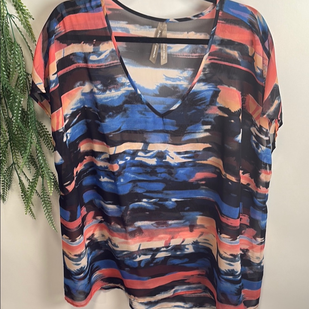 Artistic Pink and Blue Boxy Short Sleeve Blouse